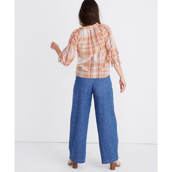 MADEWELL Plaid Tie Neck Ruffle Top Womens XXS Cream Orange 3/4 Sleeve Blouse - Picture 3 of 15